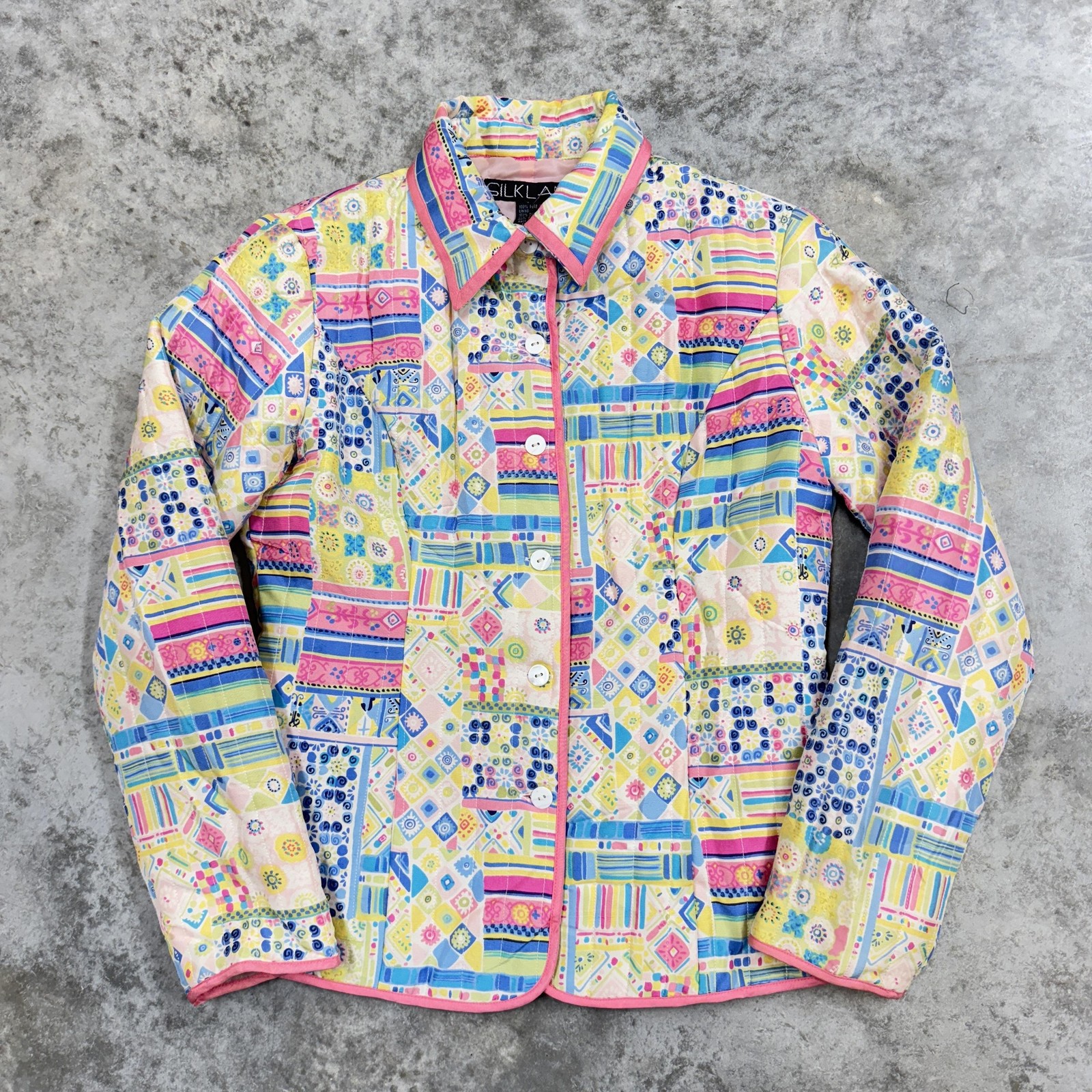Silkland Jacket Womens Medium Multicolor Patchwork Quilted Silk Pink Piping