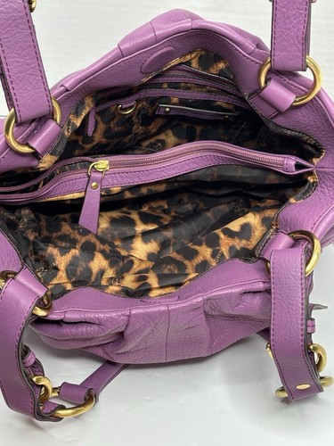 B. Makowsky Purple Leather Shoulder Bag With Leopard Print Lining Gold Tone New - Picture 7 of 15
