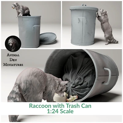 Raccoon with Trash Can - 1:24 Scale miniature figurines by Animal Den Miniatures