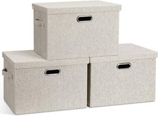 Large 17" 36 Quart Collapsible Stackable Storage Bins -3 Pack, Beige