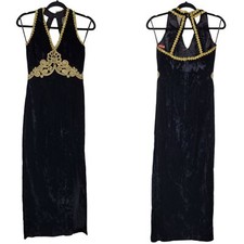 Vintage 80's Jessica McClintock Velvet Gown S Black Strappy Front Slit