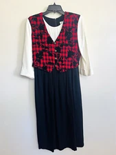 Vintage Allison-Che Velvet Floral Plaid Vest Maxi Long Dress Size 8P Red Black
