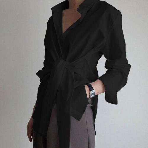 Women Lace Up Wrap Shirt Long Sleeve Buttons Down Solid Tops Asymmetrical Blouse - Picture 14 of 22