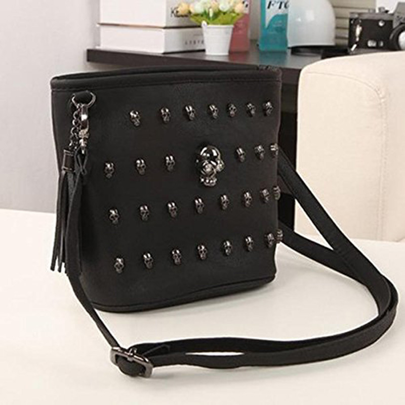 Women Leather Skull Studs Punk Goth Tassels Messenger Bags S