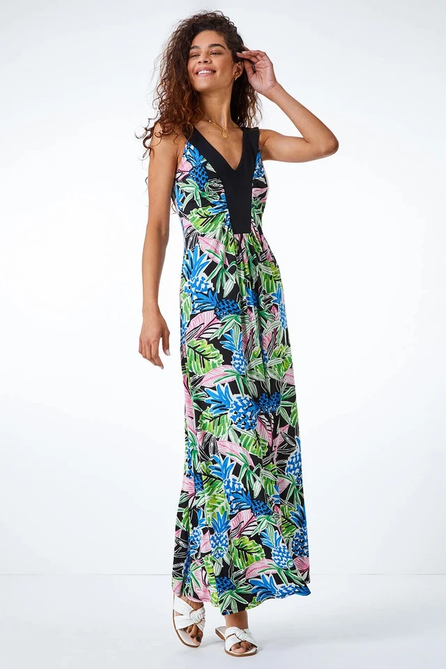 Vestido maxi romano tamanho 20 azul e verde floral deslumbrante! - Imagem 3 de 4