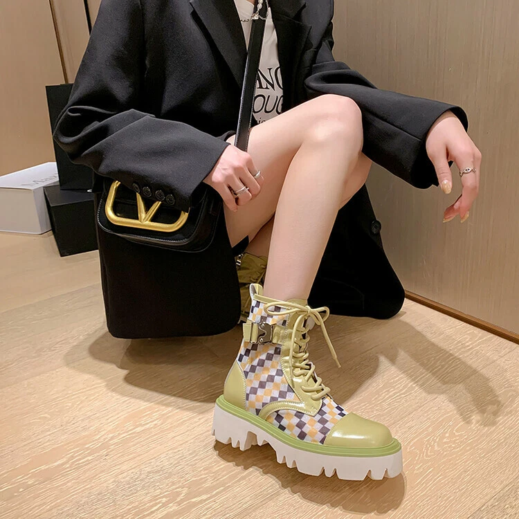 Mujeres Nuevo Moda Cuero Cuadros Con cordones Plataforma Combate Botines Zapatos EAO Foto 2 de 4