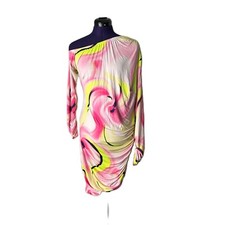 Fashion Nova Women’s Pink Green Swirl Patterned Long Sleeve Asymmetrical Dress