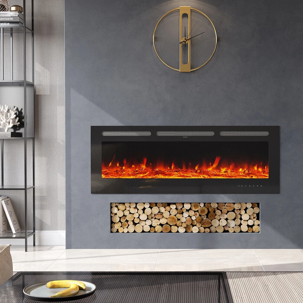 60inch LED Electric Fireplace Inset Wall Mounted Fire Flame Heater Crystal  Log | eBay