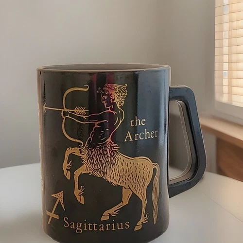 Federal Milk Glass Zodiac Sagittarius The Archer Mug Black and Gold USA Vtg MCM 