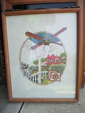 Vintage Cross Stitched Framed Picture,Porch Scene, 21" x 17", Very Heavy
