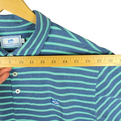 Southern Tide Polo Shirt Mens Medium Blue Striped Pima Cotton Blend Performance - Picture 9 of 11