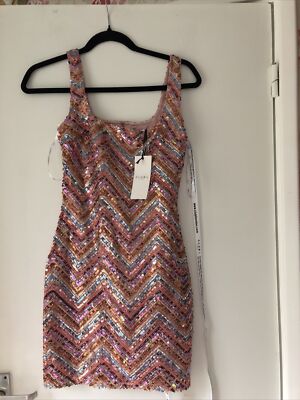 Club London CARNIVAL QUEEN CHEVRON MULTI SEQUIN MINI DRESS SQUARE NECK  DUSTYPINK