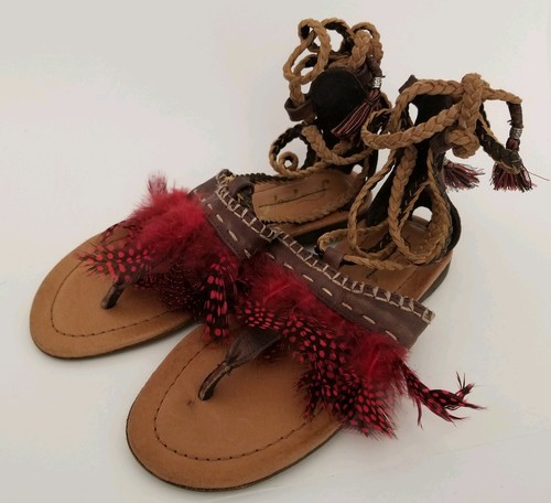 Free People Bora Bora Tie Sandals Braided Brown Leather Red Feathers Size 37 New - Picture 2 of 6