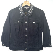Spanner Womens Denim Jean Jacket Rhinestone Collar Boho Snap Button Black Size 2