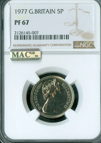1977 GREAT BRITAIN 5 PENCE NGC PF67  MAC SPOTLESS .