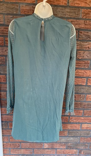 Green Dress Lace Bodice Sleeves Small Keyhole Back Button Long Sleeve Lined Vtg - Picture 12 of 12