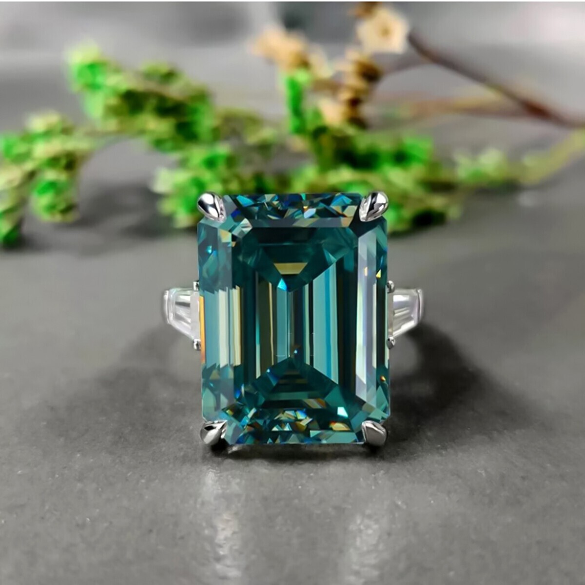 5.85 Ct Emerald Cut Blue Diamond Ring In 925 Silver With EGL Certificate