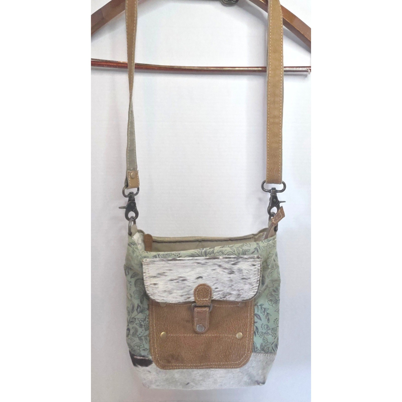 Myra Bag Eau De Nil Cowhide Floral Canvas Shoulder/Crossbody Upcycled Materials