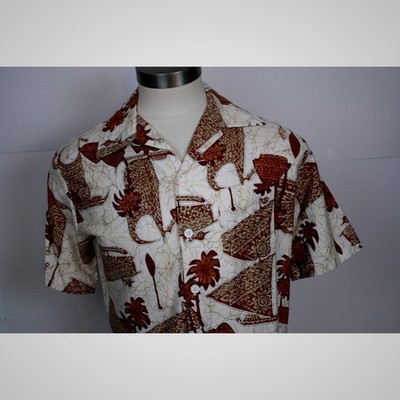 Vintage Jantzen Mens Short Sleeve Batik Island Print Button Down Shirt Brown XL