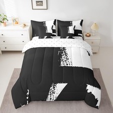 Kids Abstract 7 Piece Bedding Set Full Size White Deep Black Bed in a Bag Mod...