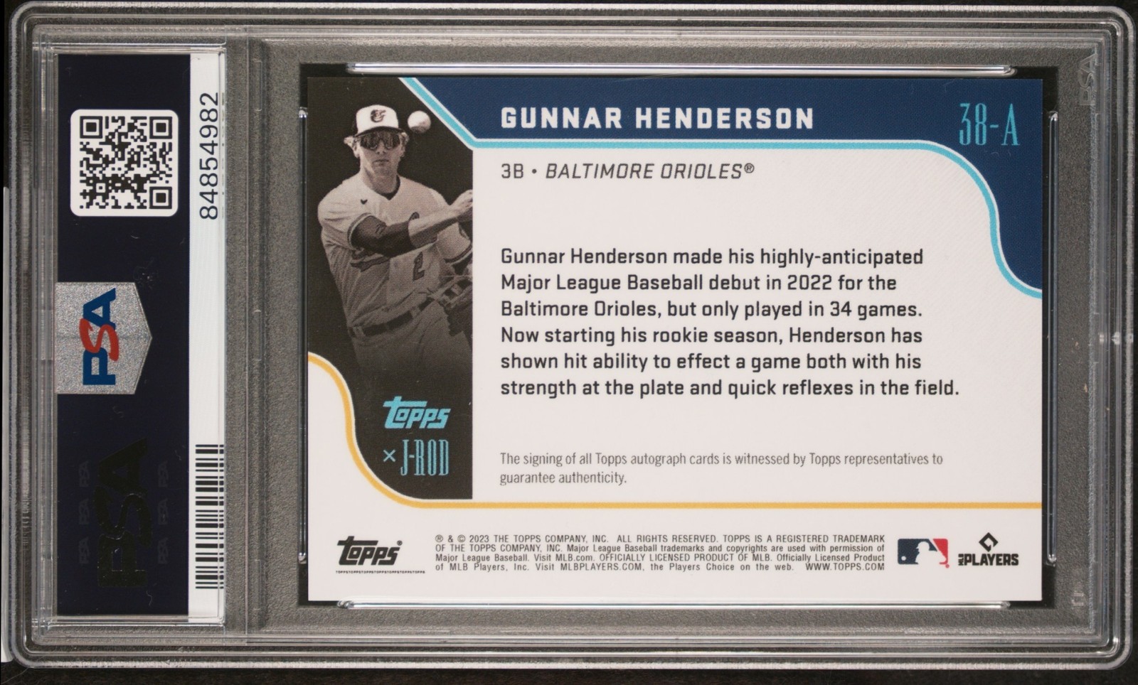 2023 Topps x J-Rod Gunnar Henderson Auto Purple /75 RC PSA 9 Baltimore Orioles view 2
