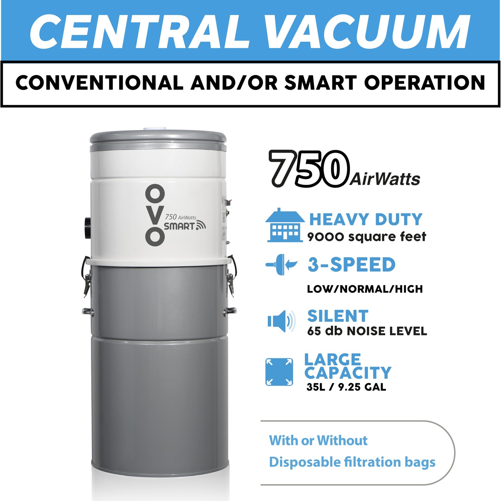 OVO 750 AW Smart Central Vacuum System- Conventional & Smart App ON/Off
