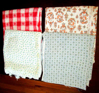 Vintage Lot 4 Assorted Pattern Fabrics Uncut Feed Sack c1950 Open Washed 36''x42''