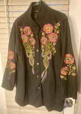 Vintage Bob Mackie Womens Size 1X / XL Black Floral Embroidered Fleece Jacket