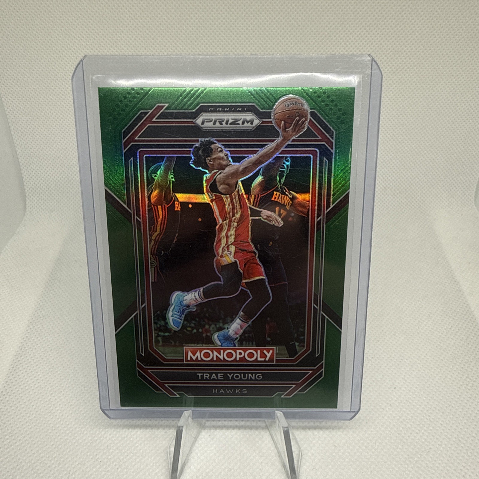 2022-23 Panini Prizm Monopoly Trae Young #1 Green Prizm Hawks Jersey Number /24