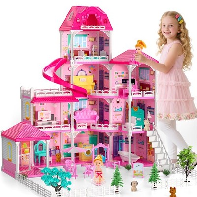 Doloowee DIY Dolls House for Girls - 4-Level 10-Room Villa with 2 Dolls, 4 Dogs