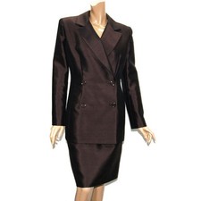 Ladies Badgley Mischka Textured Silk Skirt Suit 8 Dark Brown Elegant Made in USA