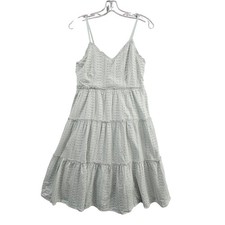 Sim & Sam Eyelet Dress Women Medium Sea Foam Green Tiered Smocked Midi Sun Dress