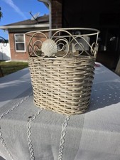 Wicker Basket Metal Scroll Rim Coastal Farmhouse Shell Accent Grannycore VTG