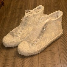 Stilo Sparkle Lace Bridal Wedding High Top Sneaker Shoes Pearl White - Size 9