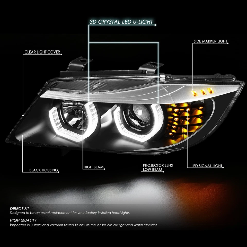[LED U-HALO]PARA BMW SERIE 3 E90 09-12 CARCASA NEGRA PROYECTOR FAROS LÁMPARAS Foto 2 de 4