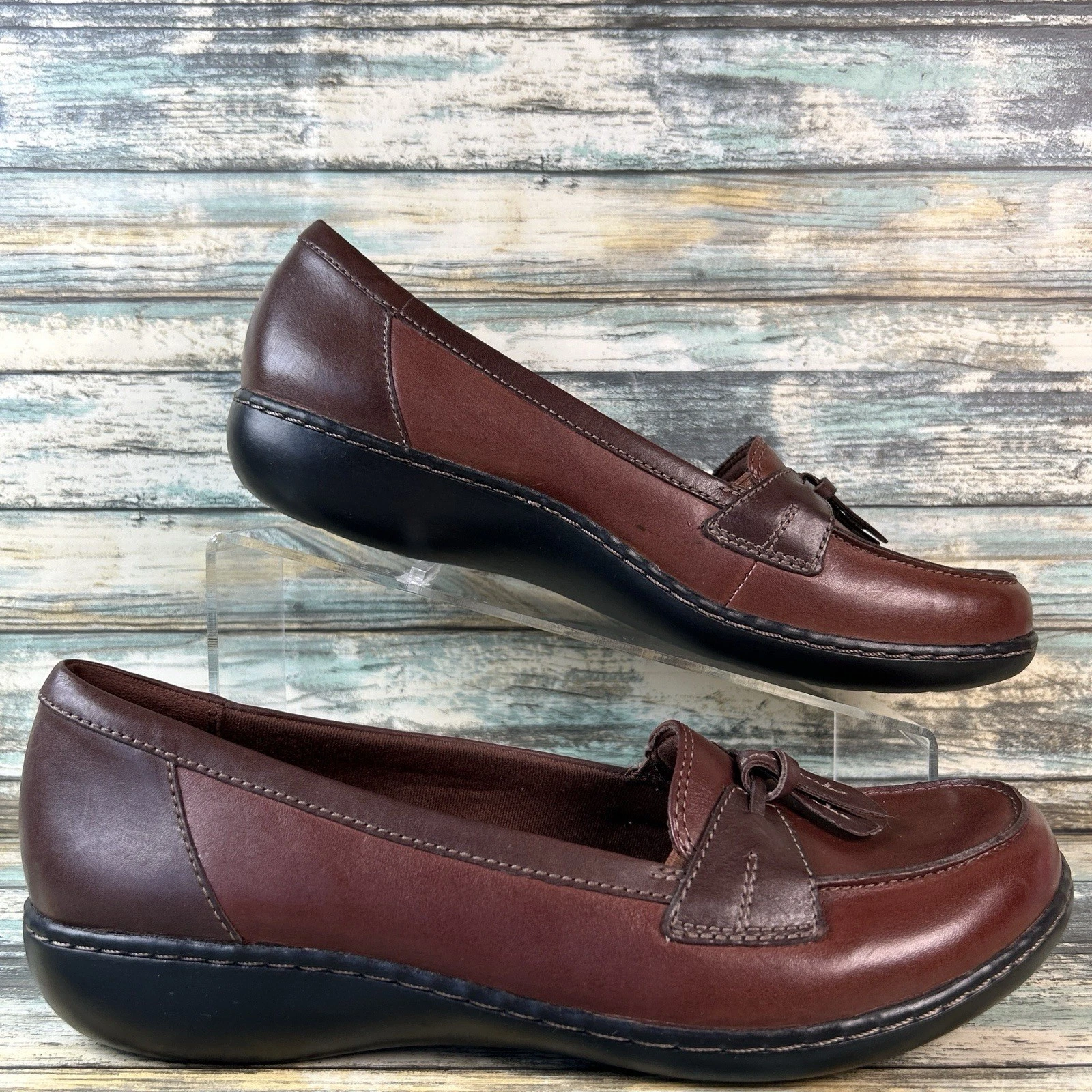 Mocassini Clarks donna 11M pelle marrone nappa comodi scarpe eleganti ammortizzate