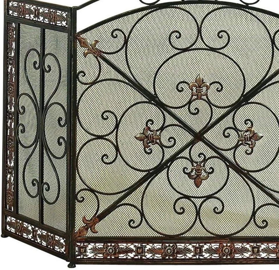 Tela de fogo tradicional de metal 3 painéis com design de filigrana, bronze, preta - Imagem 3 de 4