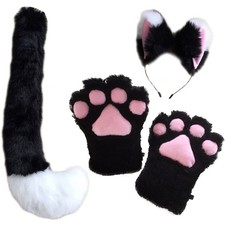 Plush Cat Fox Ears Headband Tail Paw Gloves Set Costume Fancy Dress Accessory