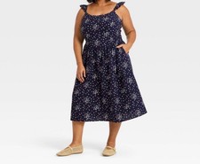 Universal Thread Floral Midi Dress Womens XL Navy Smocked Back Ruffle Strap