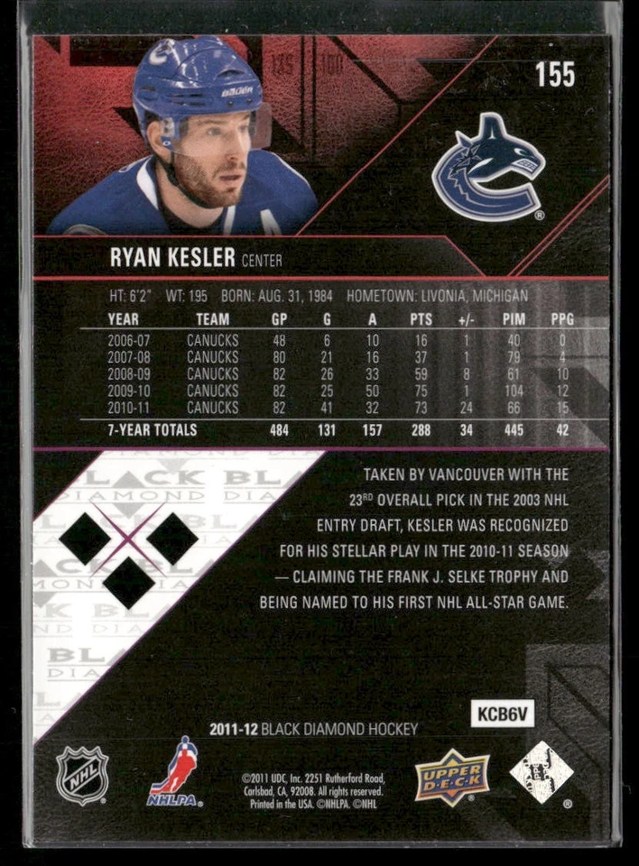 2011-12 Upper Deck Black Diamond Ryan Kesler #155 Vancouver Canucks - Image 2 of 2