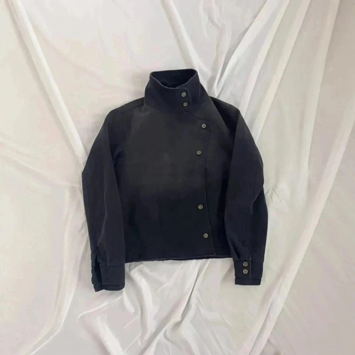 Black Denim Fencing Mock Neck Jacket High Collar Side Button