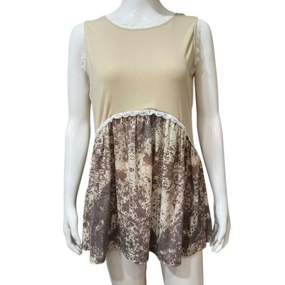 Crazy Train Bosshide Cow Print western tank top Lace Trim Tunic Cream Sz Large