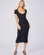PAIGE Women's Anthy Ribbed Short Sleeve Black Bodycon Midi Dress Medium