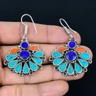 Lapis Lazuli Turquoise Coral 925 Sterling Silver Vintage Earring 2.1" PG 5514