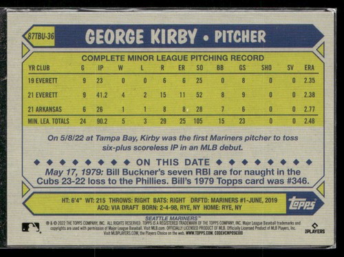 George Kirby 2022 Topps Update #87TBU-36 1987 Topps Baseball Seattle Mariners - Bild 2 von 2