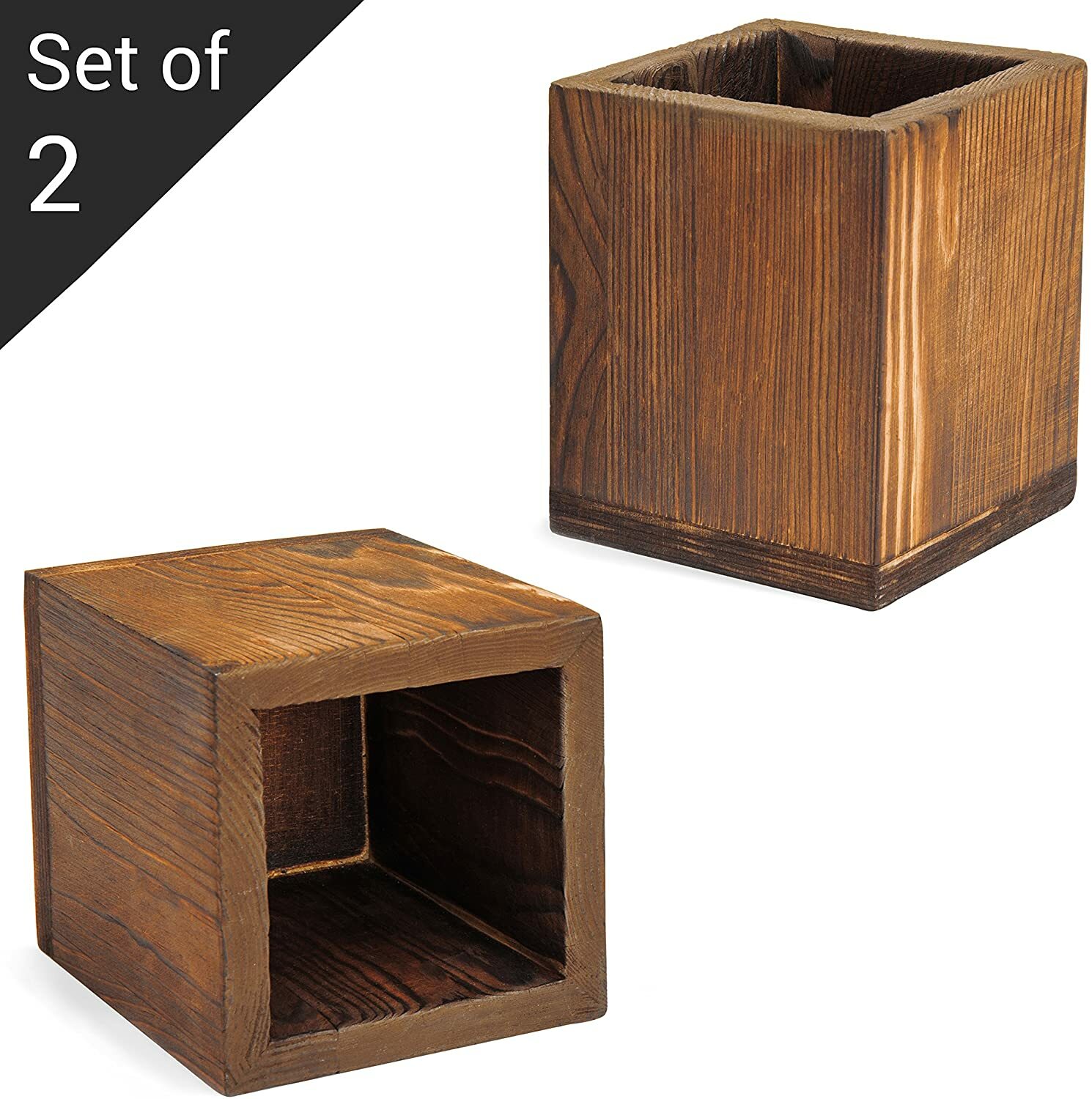 Set of 2 Natural Brown Grain Wood Desktop Pen & Pencil Organizer Holder Cups