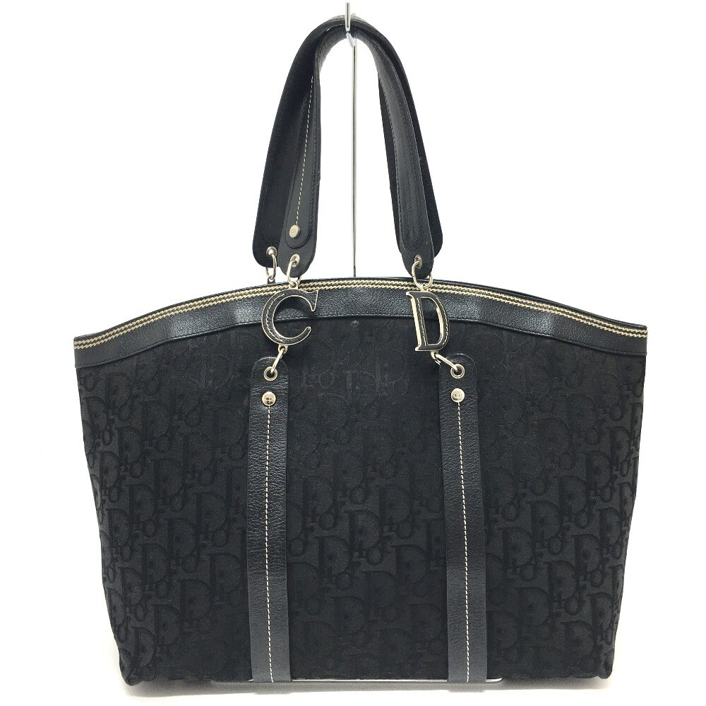 Christian Dior Trotter Tote Bag Flower Embroidery Black Canvas