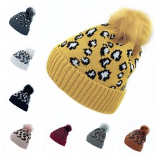 Women Leopard Printed Knitted Plush Bubble Beanie Hat Baggy Slouchy Ski Cap