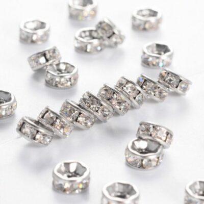25 pcs. 316 Stainless Steel Clear Rhinestone Rondelle Spacer Beads   Silver Tone