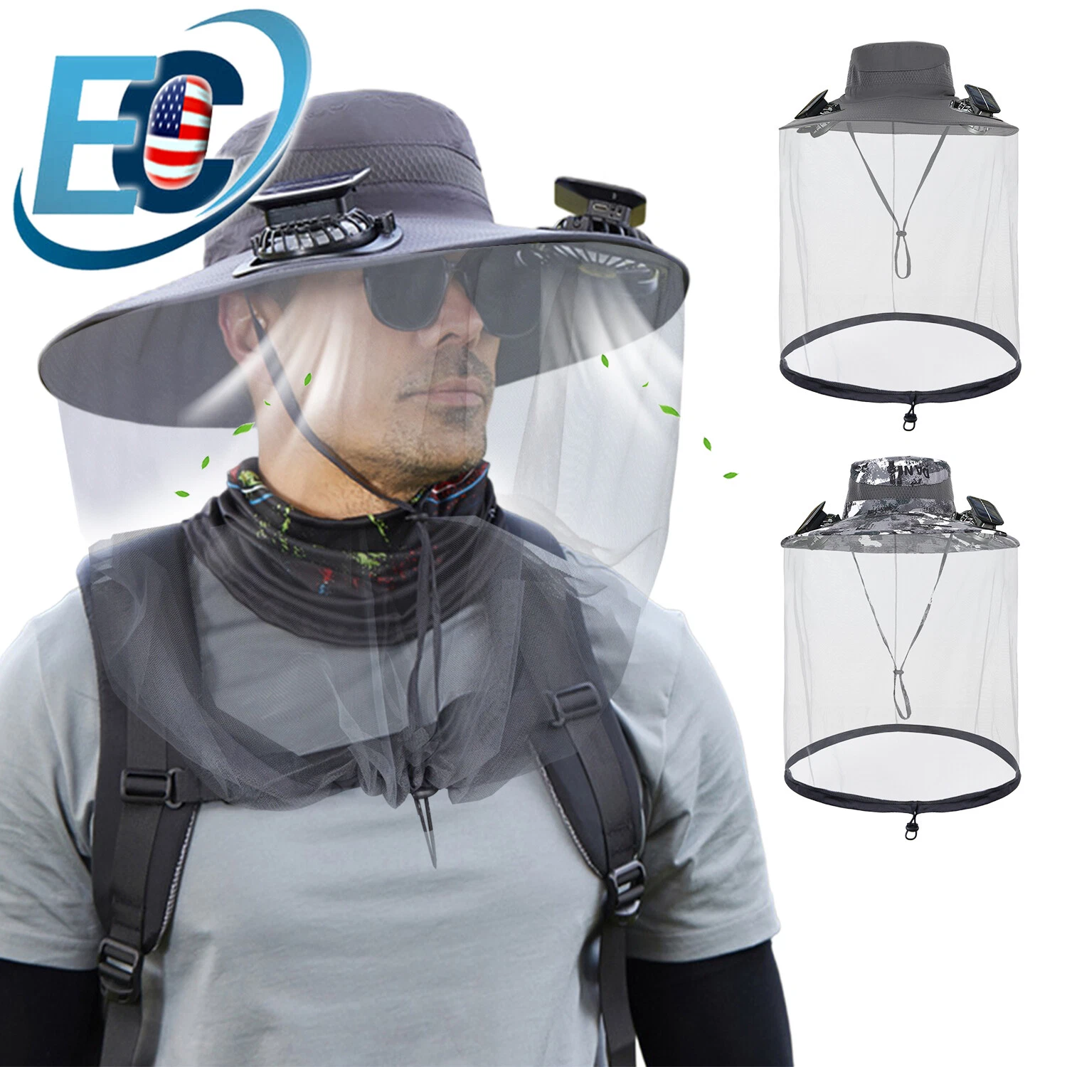 Men Women Wide Brim Sun Hat with Solar Fan Mosquito Head Net Cap UV Protection